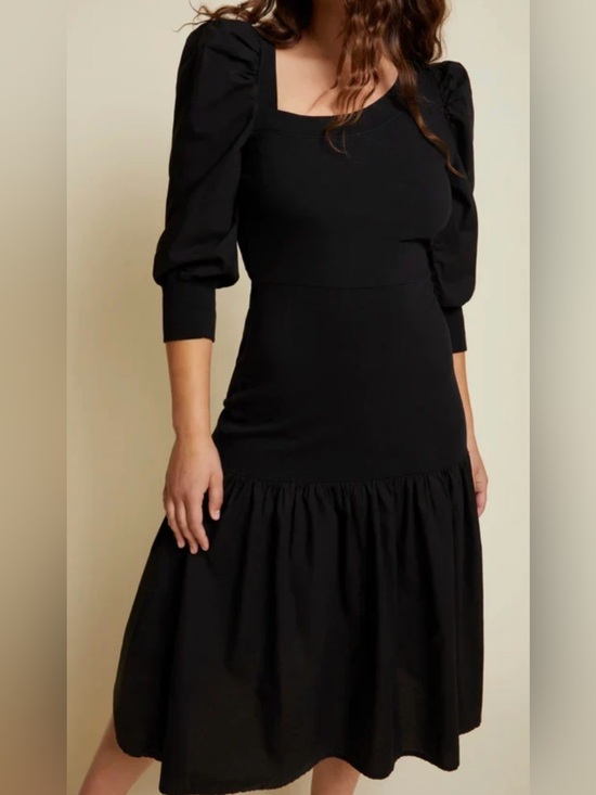 Nation LTD Dresses & Skirts - Nation LTD Catalina Asymmetrical Neckline Black Puff-Sleeve Midi Dress XS